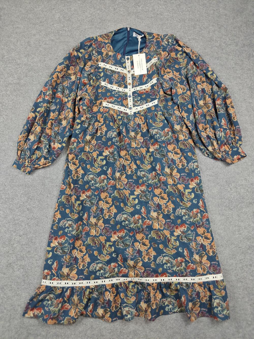 Polagram Dress Womens XL Blue Fit & Flare Midi Floral Balloon Sleeve Lined